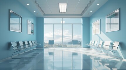 Fototapeta premium High resolution photorealistic rendering of a modern hospital waiting room, with light blue walls and a white floor and chairs for patients to sit on