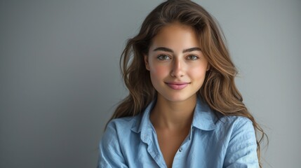 Obraz premium Portrait of a beautiful business woman in a blue shirt and dark trousers standing with arms crossed looking at the camera over a grey background