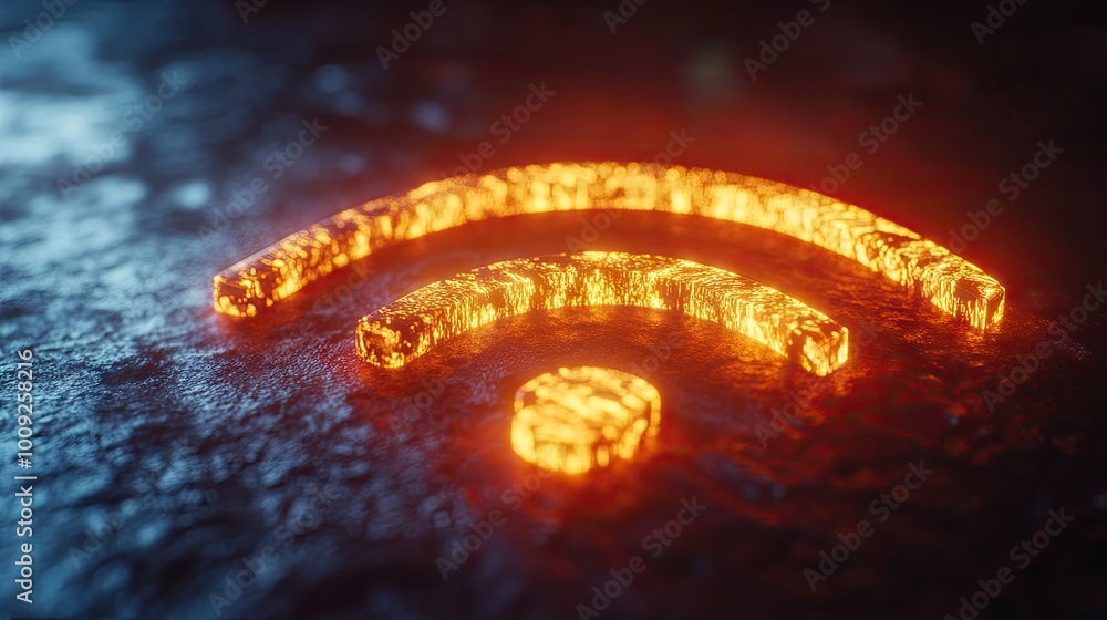 Poster abstract 3d rendering of a glowing wi-fi symbol, with a futuristic design, and plenty of space for t
