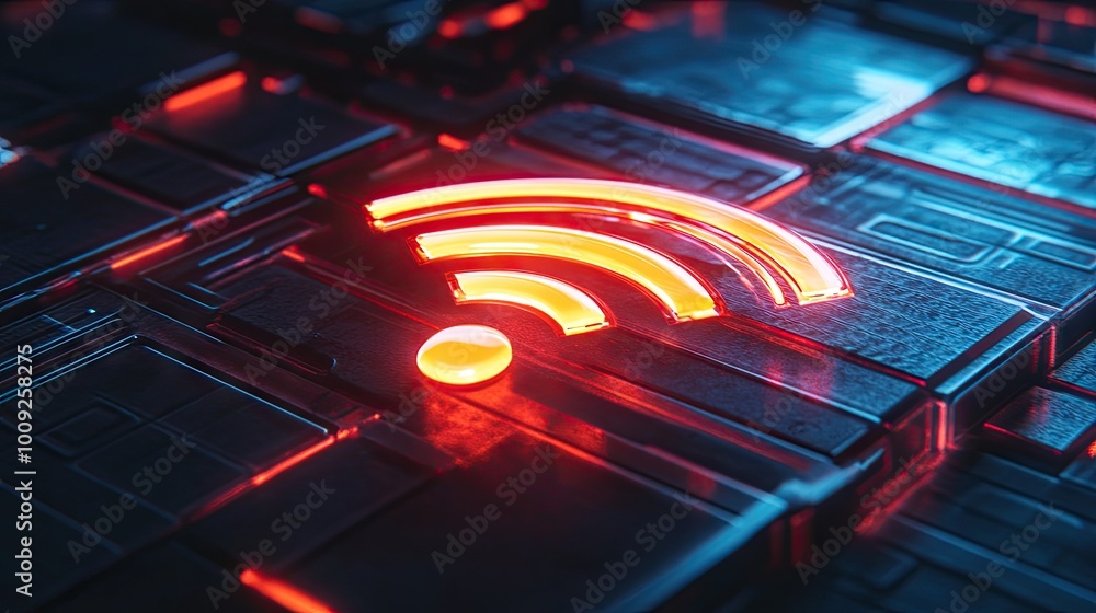Poster abstract 3d rendering of a glowing wi-fi symbol, with a futuristic design, and plenty of space for t
