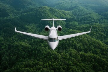 Hybrid electric plane flying over a landscape with minimized carbon emissions, carbon footprint,...