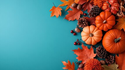  A collection of pumpkins, cones, and fall foliage on a blue canvas with space for text