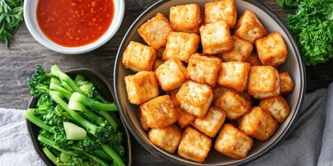 A bowl of crispy tofu cubes with dipping sauce and a side of steamed vegetables.