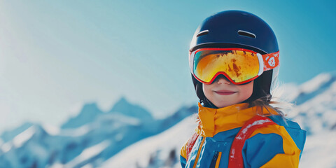 Cheerful little child in colorful ski costume practicing ski at mountain resort on a sunny winter day.