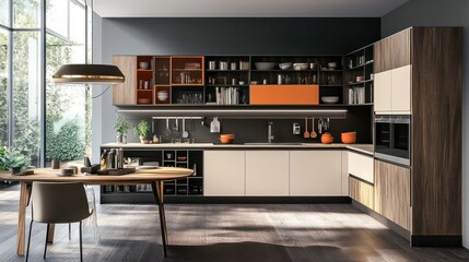 modern modular L shaped kitchen with dual tone of gallantry ivory oak and complementary colors