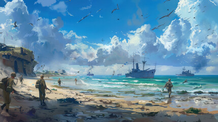The scene depicts American soldiers walking on the beach