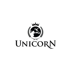Regal Unicorn Logo Design with Crown and Laurel in Elegant Typography