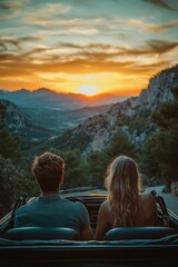 Fototapeta premium A man and woman are sitting in a convertible car with a view of the sunset on the mountain
