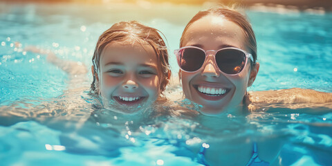 Happy mother and daughter swimming together in the pool.