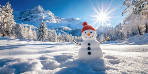 Fototapeta premium Cheerful little snowman in hat and scarf outdoors on winter day.