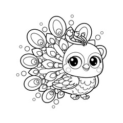 Cartoon little peacock. Black and white line drawing. For children's design of coloring books, prints, posters, cards, stickers, etc. Vector illustration