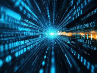 Glowing blue binary code on a computer screen, abstract pattern with sharp focus on data Depth effect, futuristic lighting, wideangle shot capturing the digital flow