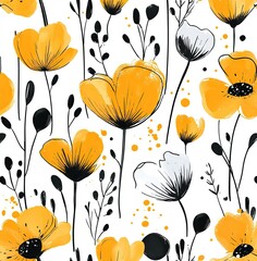 Yellow Floral Seamless Pattern with Black Outline on White Background