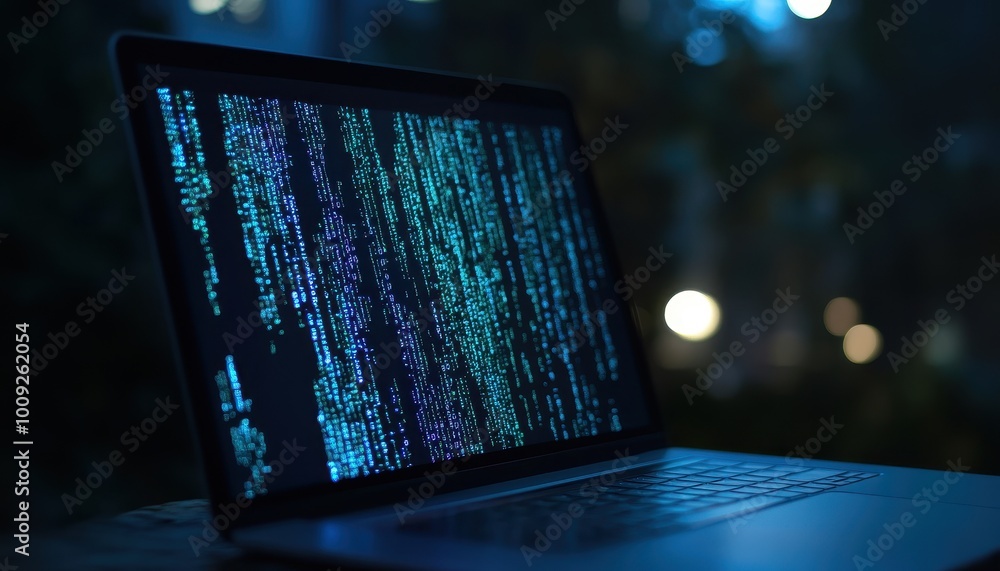 Poster glowing matrix code on laptop screen in dark environment