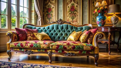 Elegant vintage couch in a cozy living room setting with rich upholstery and classic design elements