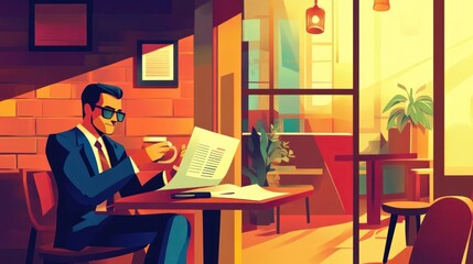 A man in a suit enjoys coffee while reading a newspaper in a modern caf? setting.