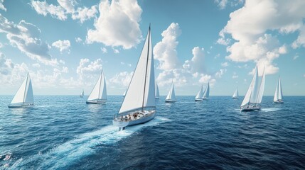 Regatta sailing ship yachts with white sails at opened sea. Aerial view of sailboat in windy...