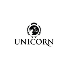 Regal Unicorn Logo Design with Crown and Laurel in Elegant Typography