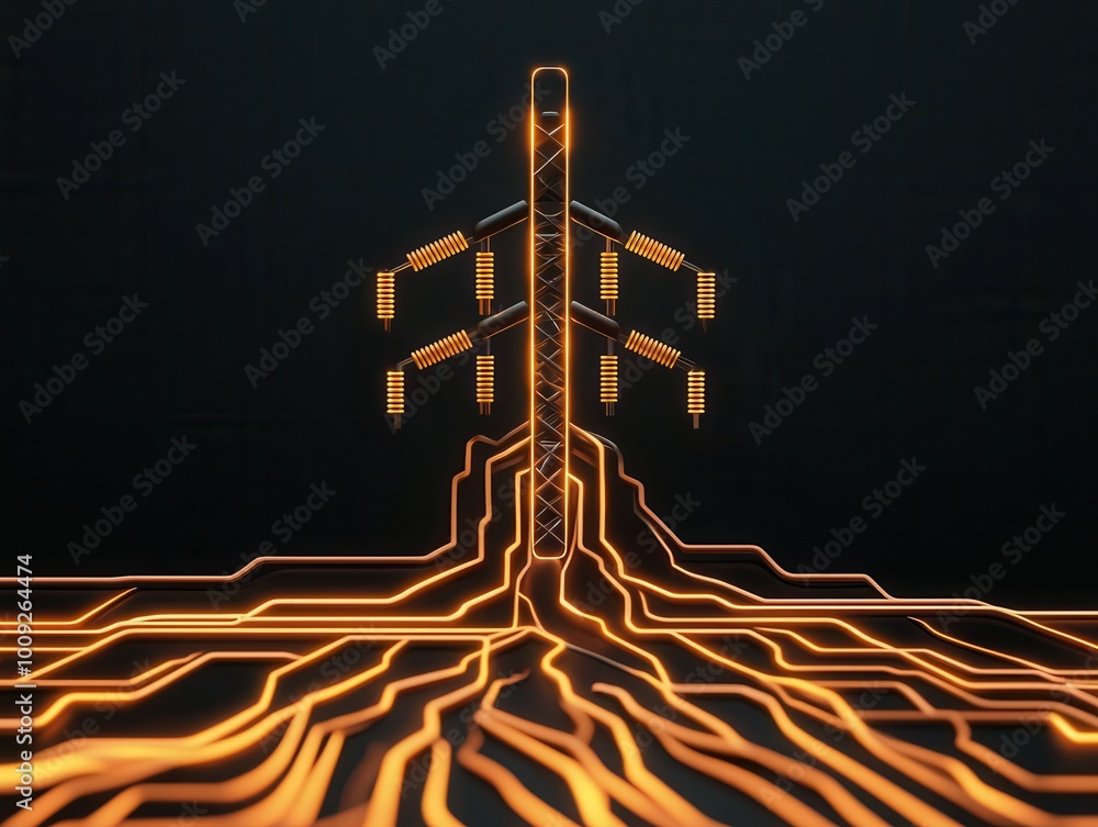 Poster conceptual art of a power grid showing energy flow optimization, energy efficiency, smart grid techn