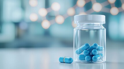 Futuristic Healthcare with Glowing Blue Pills - Medical Capsules in Clear Jar on Abstract Background