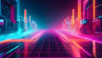 Vibrant neon light trails pass through a futuristic cityscape at night, showcasing skyscrapers and dynamic colors