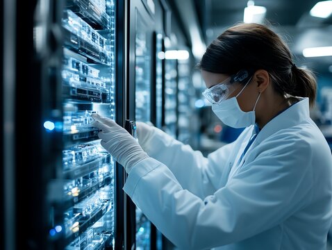 Nurse operating a futuristic, automated medication dispensing system in a hightech pharmacy, medication automation, clinical efficiency