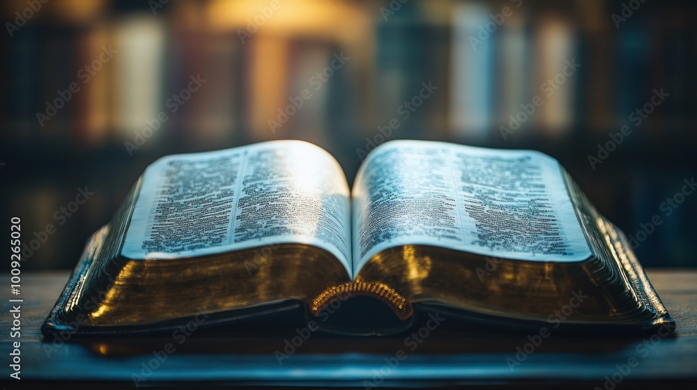 Poster an open book resting on a table, illuminated by soft light, suggesting contemplation and knowledge.