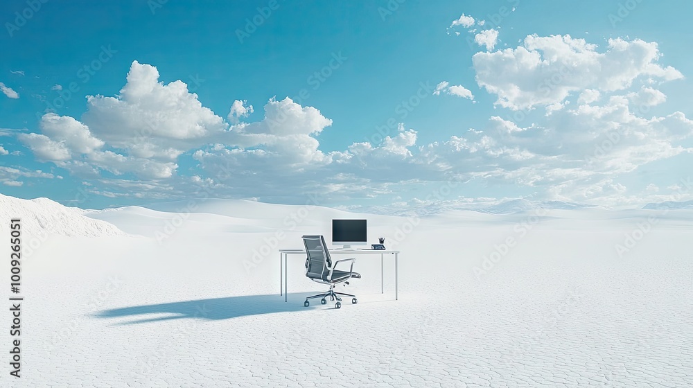 Poster an office setup in the middle of a pristine white desert, offering a surreal and remote work environ