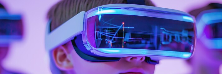 Naklejka premium Futuristic learning: students engaging with augmented reality in modern classrooms