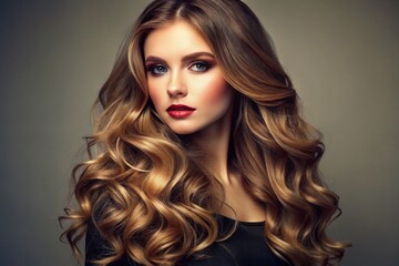 Fototapeta premium Elegant Woman's Hairstyle Featuring Loose Waves and Subtle Highlights for a Chic Look