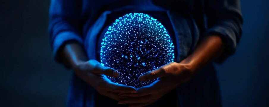 Pregnant woman holding her belly, with a 3D projection of the fetus floating beside her, prenatal care, maternal health