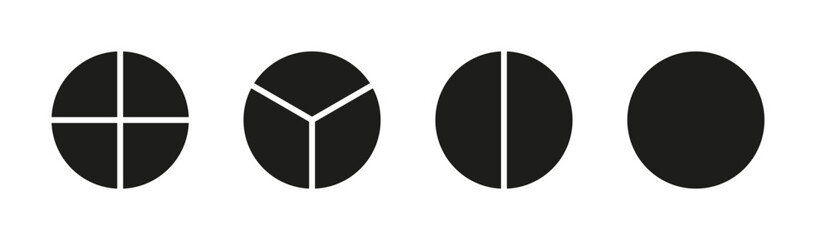 Circle division on 1, 2, 3, 4 equal parts. Wheel round divided diagrams with one, two, three, four segments. Infographic set. Coaching blank. Pie chart simple icons.
