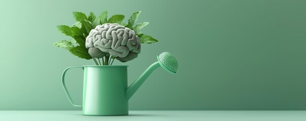 A watering can with a brain and green leaves symbolizes growth and nurturing of the mind in a visually appealing, minimalist design.
