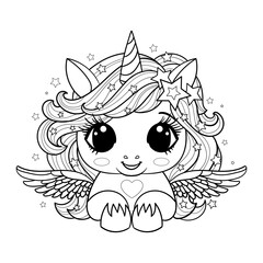 Cute little kawaii unicorn with wings. Black and white drawing. Isolated on white background. For children's design of coloring books, prints, posters, cards, stickers, puzzles, etc. Vector illustrati