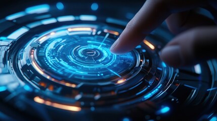 A futuristic interface with a glowing circular design being interacted with by a finger.