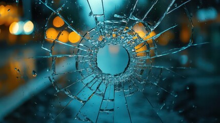 shattered glass window with a bullet hole set against a dark background creating a dramatic and impactful visual representation of vulnerability and strength