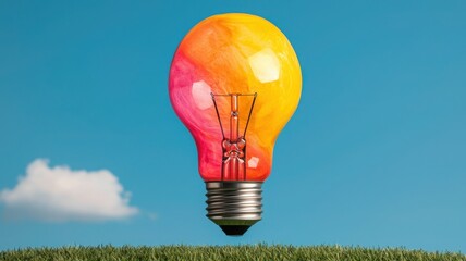 A colorful light bulb rests on green grass, symbolizing creativity and innovation against a bright blue sky.