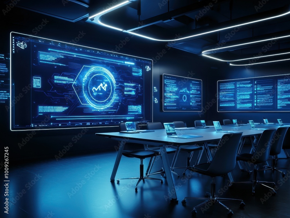Poster a futuristic conference room with a large screen displaying data and charts.