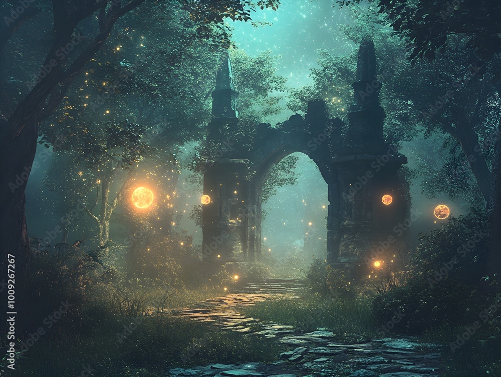 Poster mystical forest with enchanted archway and glowing orbs