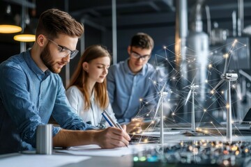 Young engineers working on a project with wind turbine models.