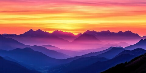 Fototapeta premium A breathtaking sunset over layered mountains, showcasing vibrant colors and serene beauty.