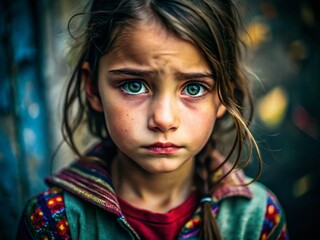 Emotional portrait of a young girl with a sad expression, conveying deep feelings of loneliness and despair