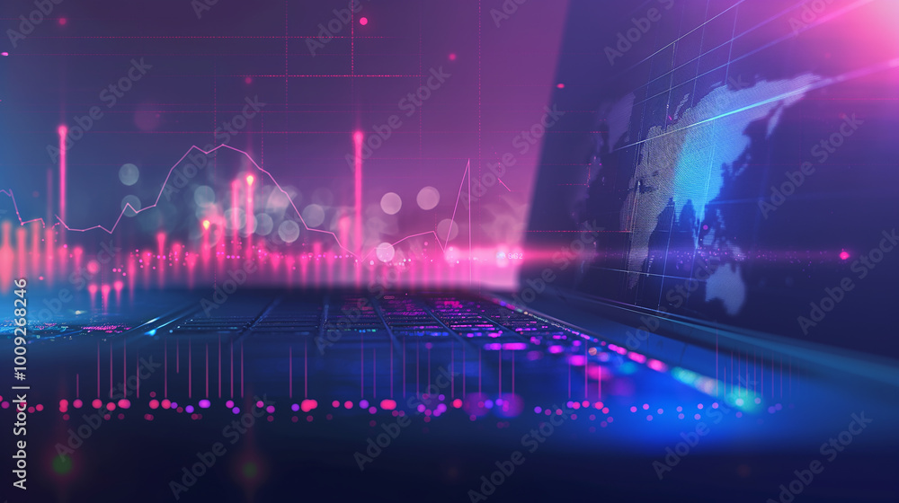 Poster stock market business data graphs display on laptop screen, data analysis graph