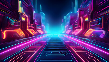 Vibrant neon light trails pass through a futuristic cityscape at night, showcasing skyscrapers and dynamic colors