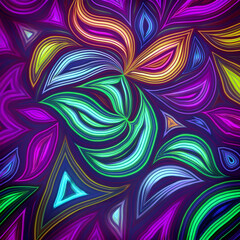 Vibrant abstract design featuring swirls and leaves in bright colors on a dark background