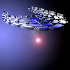Fantasy graphic.  Blue and white alien space ship in outer space concept. Illusion of 3d distance dimension depth. Color blends of black and purple.. Gradient blur effect. Design element.