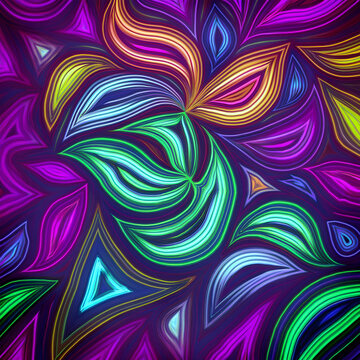 Vibrant abstract design featuring swirls and leaves in bright colors on a dark background