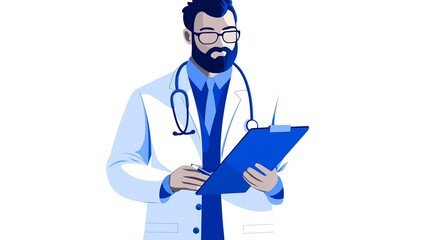 A doctor holding a clipboard clipart, healthcare professional, flat design, white coat, isolated on white background