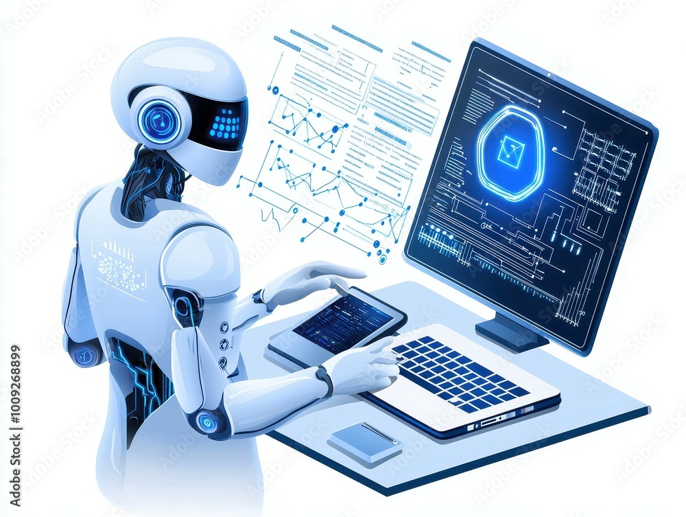 Poster a white humanoid robot works on a computer with a blue screen and a tablet.