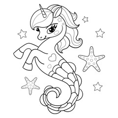 Cute seahorse unicorn. Black and white linear drawing. Isolated on white background. For children's design of coloring books, prints, posters, cards, stickers, puzzles, etc. Vector illustration